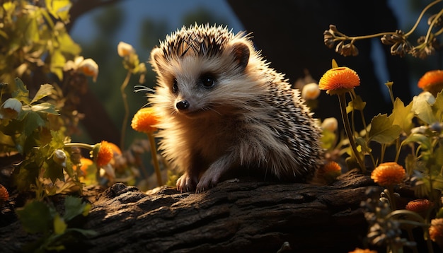 Free photo cute hedgehog sitting on grass alert in autumn forest generated by artificial intelligence