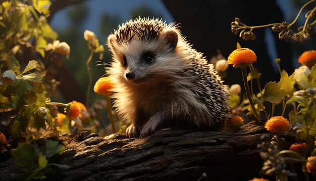 Cute hedgehog sitting on grass alert in autumn forest generated by artificial intelligence