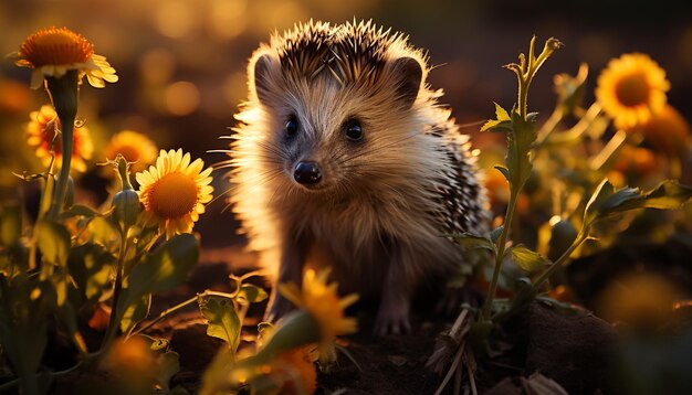 Free photo cute hedgehog sitting in grass alert and looking at flower generated by artificial intelligence