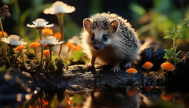 Free photo cute hedgehog sitting in grass alert in tranquil springtime generated by artificial intelligence