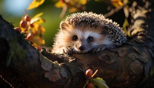 Free photo cute hedgehog sitting in grass alertly looking at camera generated by artificial intelligence