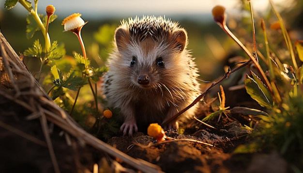 Cute hedgehog sitting in grass looking at small puppy generated by artificial intelligence