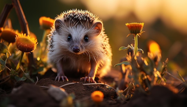 Free photo cute hedgehog sitting outdoors looking at camera in nature generated by artificial intelligence