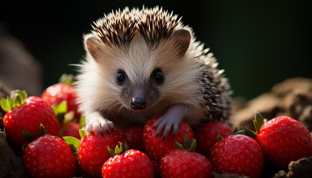 Cute hedgehog snout looking at strawberry outdoors in nature generated by artificial intelligence