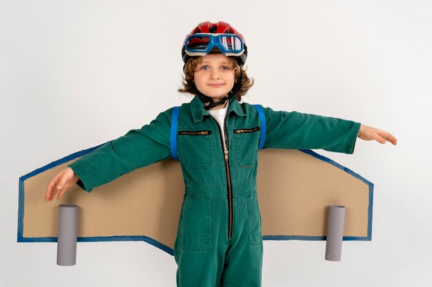 Cute kid playing with flying goggles