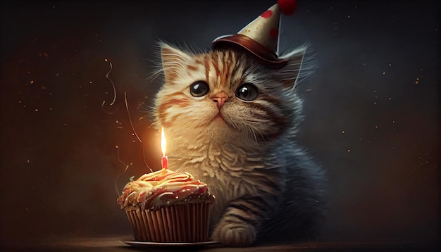 Милый котенок наслаждается празднованием дня рождения с искусственным интеллектом, генерирующим пламя свечи