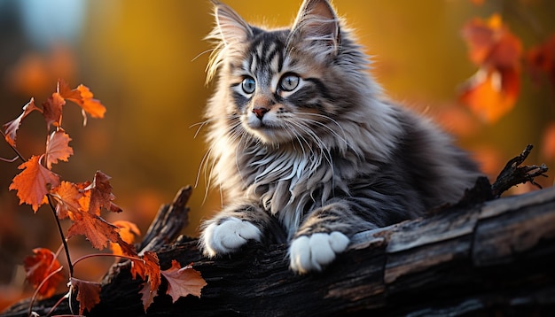 인공 지능이 생성한 수염이 있는 카메라를 바라보며 가을 숲에서 놀고 있는 귀여운 새끼 고양이