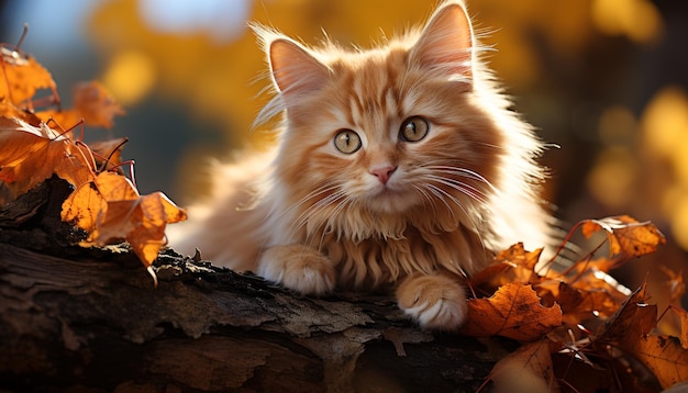 Cute kitten playing in autumn forest surrounded by colorful leaves generated by artificial intelligence