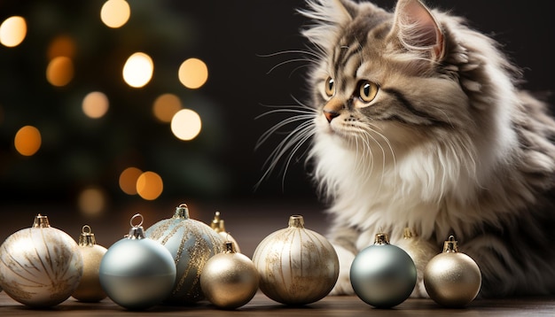 Cute kitten playing with Christmas ornament surrounded by festive decorations generated by artificial intelligence