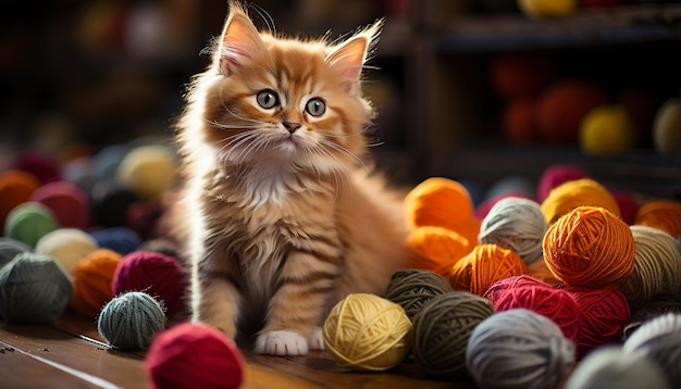 Cute kitten playing with colorful ball of wool indoors generated by artificial intelligence