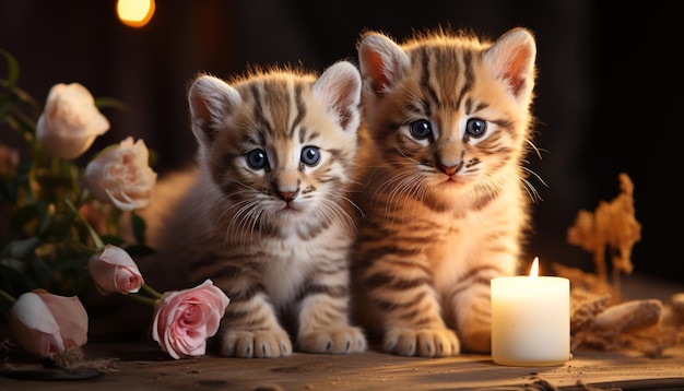 인공지능이 만들어낸 촛불의 아름다움에 둘러싸여 장난감을 가지고 노는 귀여운 새끼 고양이