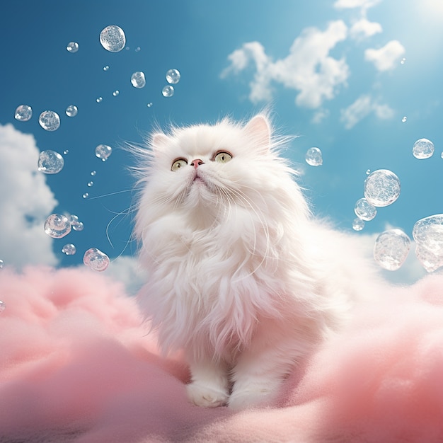 Cute kitten relaxing on clouds