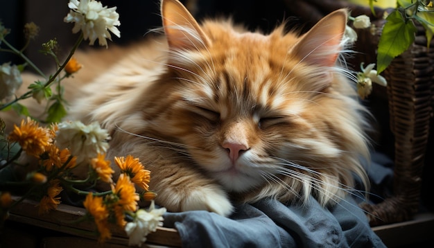 Free photo cute kitten resting on grass surrounded by beautiful summer flowers generated by artificial intelligence