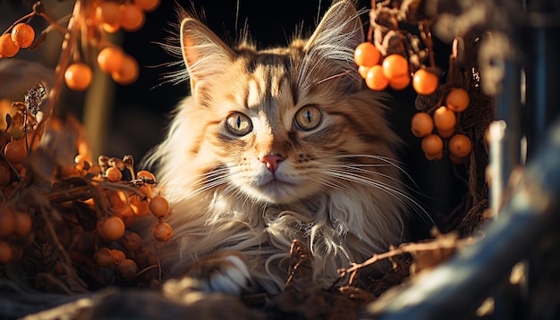 Foto gratuita un gattino carino seduto su un ramo che guarda una telecamera nella natura generata dall'intelligenza artificiale