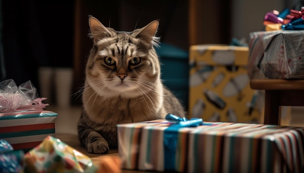 Симпатичный котенок сидит на подарочной коробке в помещении, сгенерированный ИИ