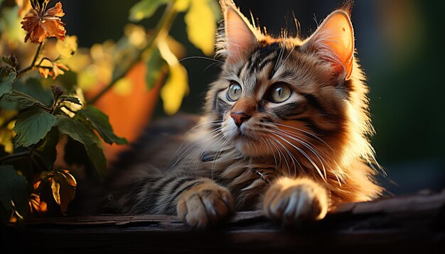 Cute kitten sitting in grass looking at camera outdoors generated by artificial intelligence