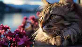 Foto gratuita un gattino carino seduto sull'erba che fissa la telecamera con la pelliccia soffice generata dall'intelligenza artificiale