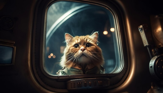 Бесплатное фото Милый котенок, сидящий в окне машины и выглядывающий из окна, сгенерирован искусственным интеллектом