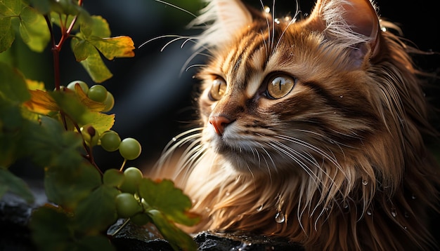 無料写真 人工知能によって生成されたカメラの遊びを見る草の中に座っている可愛い子猫