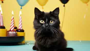 Foto gratuita un gattino carino seduto a guardare la telecamera che festeggia il compleanno con palloncini generati dall'intelligenza artificiale