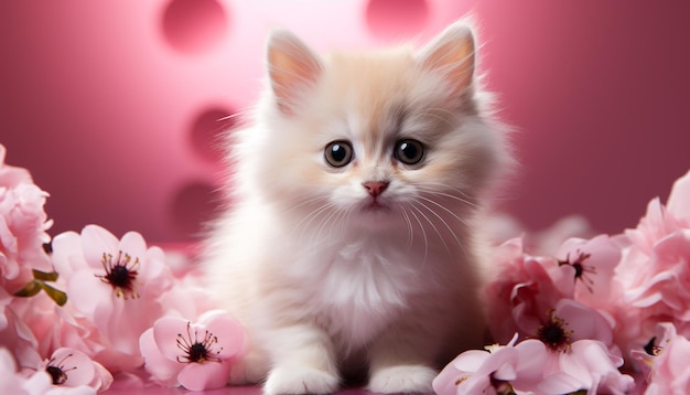 Free photo cute kitten sitting looking at camera surrounded by flowers generated by artificial intelligence