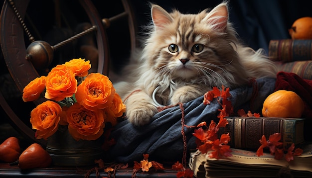 無料写真 人工知能によって生成された紅葉に囲まれた木製のテーブルに座っているかわいい子猫