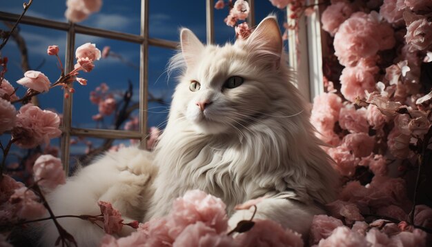 Free Photo cute kitten sitting outdoors looking at blue flower generated by artificial intelligence