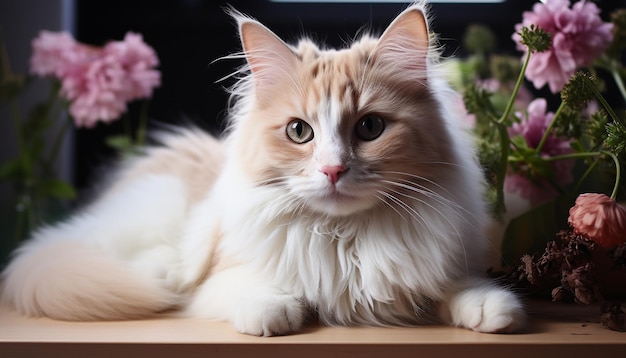 Free photo cute kitten sitting outdoors staring at flower with curiosity generated by artificial intelligence