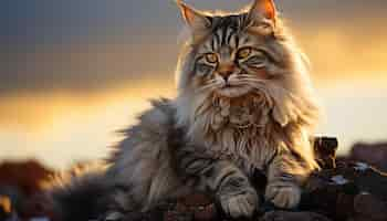 Free photo cute kitten sitting outdoors staring at sunset fluffy fur generated by artificial intelligence