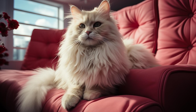 Милый котенок, сидящий на диване, выглядит пушистым и игривым, созданным искусственным интеллектом.