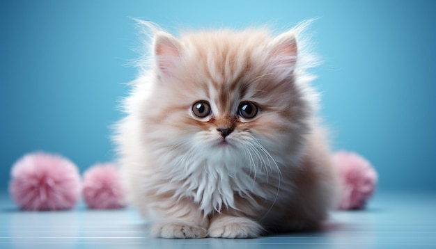 Милый котенок сидит и смотрит с голубыми глазами, пушистый мех, созданный искусственным интеллектом.
