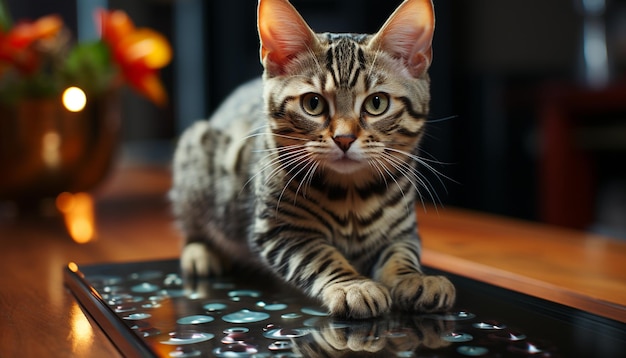 Free photo cute kitten sitting on table looking at camera with curiosity generated by artificial intelligence