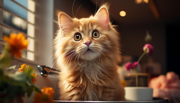 Cute kitten sitting on table looking at camera with curiosity generated by artificial intelligence