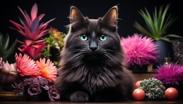 Foto gratuita un gattino carino seduto sul tavolo che fissa un fiore giallo generato dall'intelligenza artificiale