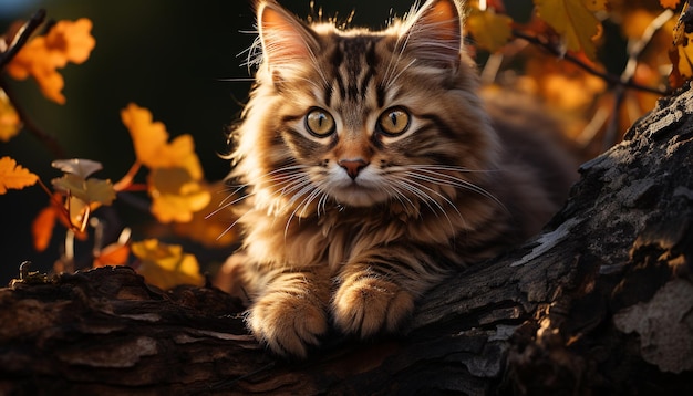 Free photo cute kitten sitting on tree looking at autumn forest generated by artificial intelligence