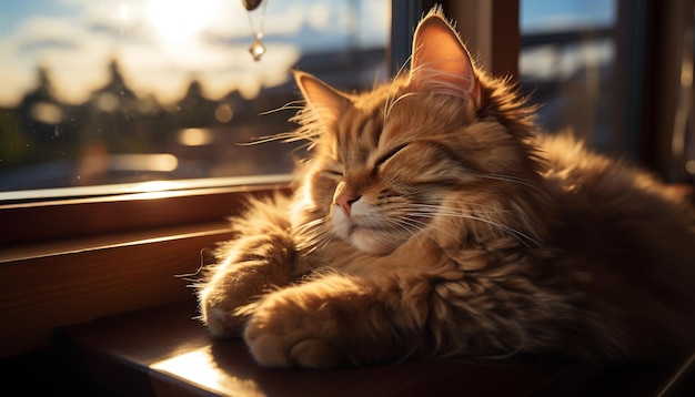 Free photo cute kitten sitting on window sill enjoying sunlight and relaxation generated by artificial intelligence
