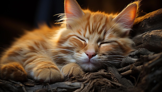 Free photo cute kitten sleeping fluffy fur striped small and playful generated by artificial intelligence