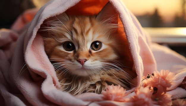 Free photo cute kitten sleeping surrounded by fluffy fur in purebred comfort generated by artificial intelligence