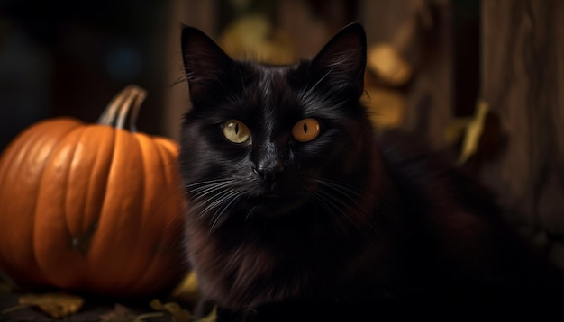 Cute kitten stares at spooky pumpkin decoration generated by AI