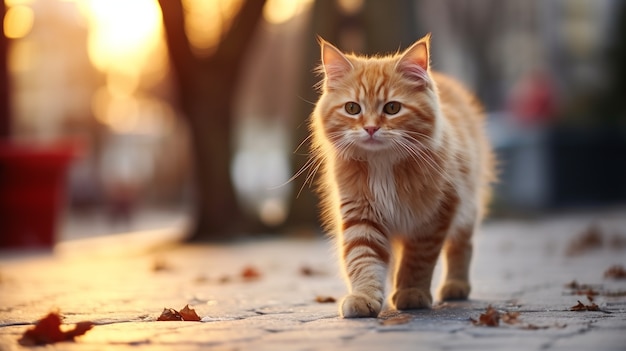 Милый котенок гуляет на свежем воздухе