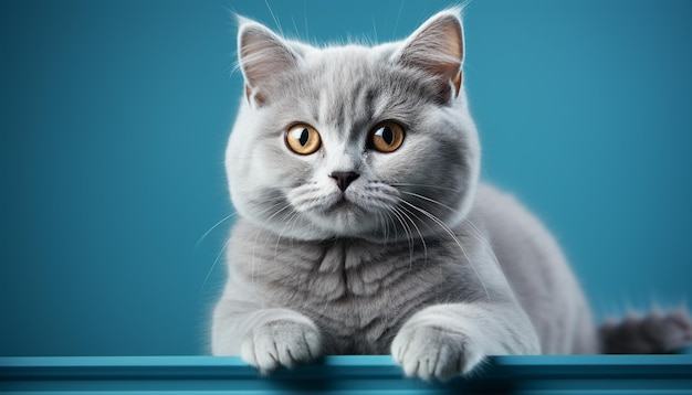 人工知能によって生成されたカメラをじっと見つめている青い目とふわふわの毛皮の可愛い子猫