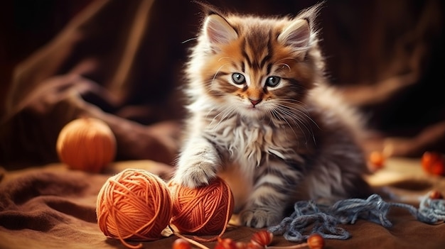 室内でかぎ針編みの糸を持つかわいい子猫