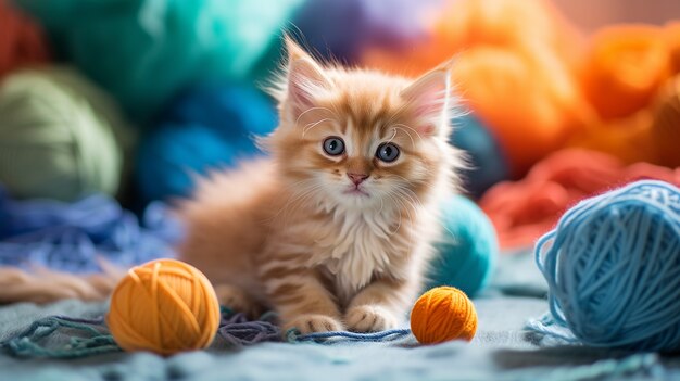 Cute kitten with crochet thread indoors