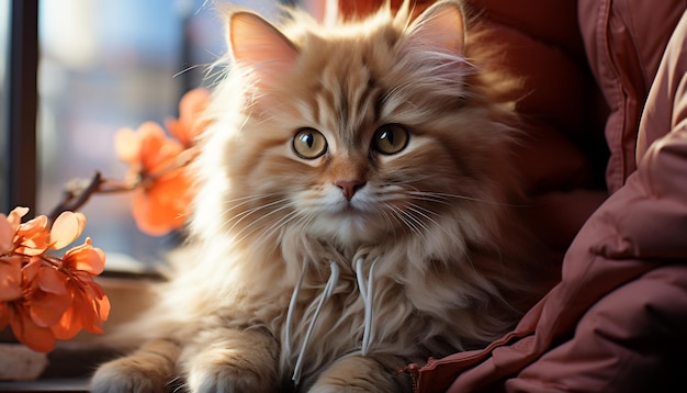 Free photo cute kitten with fluffy fur sitting looking at camera generated by artificial intelligence