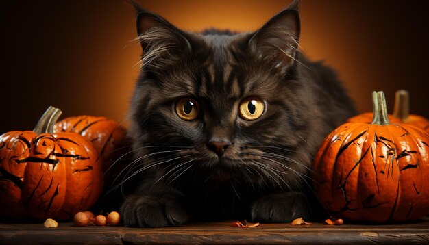 Cute kitten with pumpkin celebrating spooky Halloween in autumn night generated by artificial intellingence