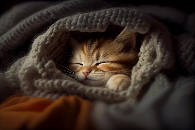 Cute kitten with striped fur sleeping on blanket generative AI
