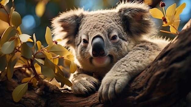 Cute koala bear sleeping on a tree in the autumn forest