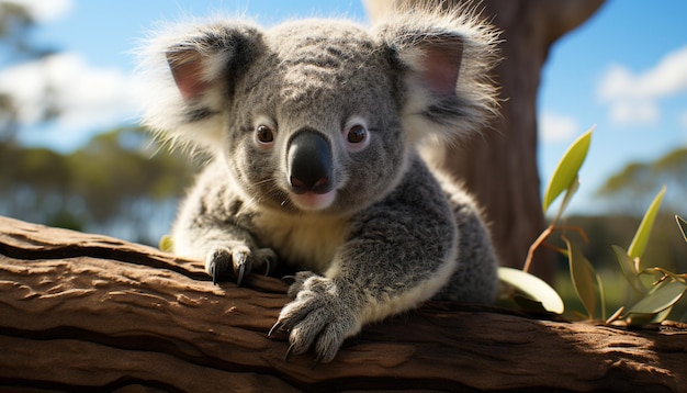 Un simpatico koala seduto su un ramo che guarda una telecamera in natura generata dall'intelligenza artificiale