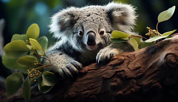 Cute koala sitting on eucalyptus tree eyes closed peaceful generated by artificial intelligence