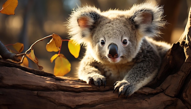 Бесплатное фото Милая коала сидит на ветке и смотрит на камеру, созданную искусственным интеллектом.